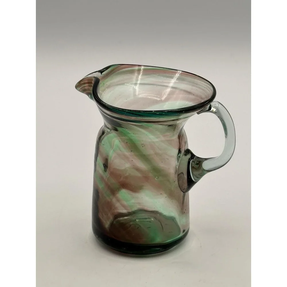 Vintage Hand-Blown Swirled Green Pink Art Glass Creamer Pitcher